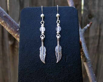 Sterling Feather Earrings with Rose Quartz - Charm Earrings - Handmade