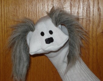 Dog with grey furry ears moveable mouth Sock Puppet from Puppets by Margie