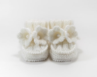 Baby Booties, Hand Knitted with Crochet Bell Flowers - White, 3 - 6 months