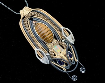 Tigers Eye Opal and Iolite Wire Wrapped Bug Pendant, Wire Wrap, Heady Wire Wrap, Opal Wire Wrap, Wire Wrapped Jewelry, Tigers Eye Wire Wrap