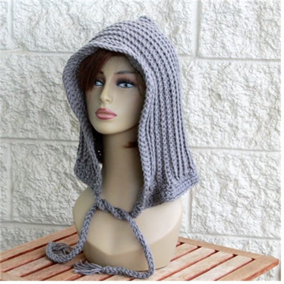 Items similar to Crochet Elf Hood Pixie Hat Fashion Grey Hood Womens ...