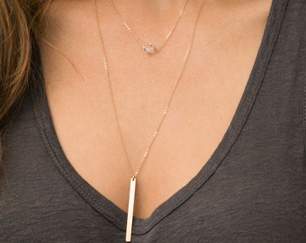 Perfect Layering Necklace / Skinny VERTICAL BAR Necklace / 14K Gold Fill Chain Minimal Gold Bar Pendant / Layered and Long LN130_40_V