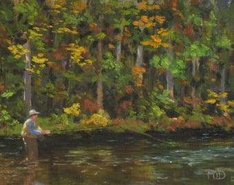 fly fishing art, original oil painting, 6" x 8", autumn landscape