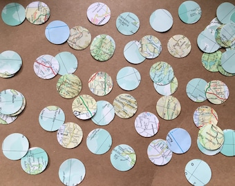 150 travel Confetti Pieces, map/atlas Circles. Weddings, leaving party, travel, bon voyage