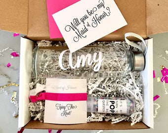 Glass Water Bottle Bridesmaid Gift Box Sets - Will You Be My Maid of Honor, Bridesmaid, Flower Girl