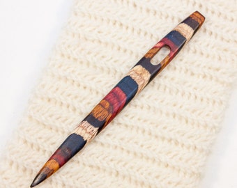 Nalbinding Needle with Large Eye - Red, Blue, White and Yellow Striped Wood - W246