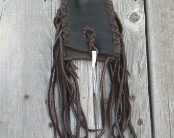 Tribal amulet bag with an antler tip closure , Fringed medicine bag , Leather neck bag