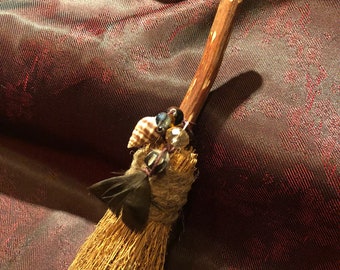 Besom (Witches' Broom): 6 inches. Mountain Laurel Handle, with Feathers, Beads, and Seashell