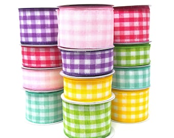 Colorful Gingham Linen Wired Ribbon, 10 Yards