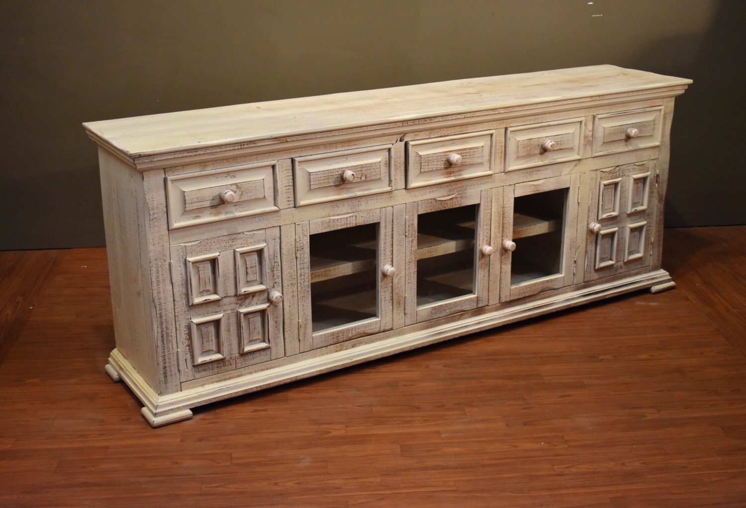 Rustic Solid Wood Distressed Whitewashed 83 inch White TV