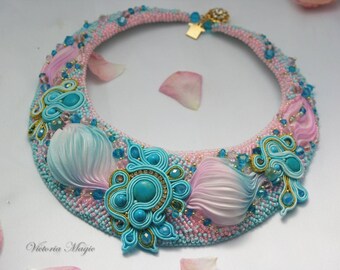 Soutache embroidery and Shibori ribbon necklace- Shibori ribbon bead embroidered - Necklace with turquoise