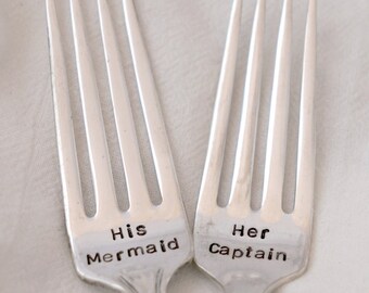 Stamped Wedding Forks, His Mermaid, Her Captain, Wedding Fork Set, Engagement Gift, Bridal Shower Gift, Wedding Gift, Nautical Wedding Decor