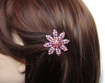 Crystal Daisy Flower Hair Accessory Jewelry Barrette Clip Black Tone Pink