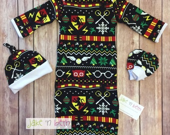 Christmas baby gown, knot hat, and no scratch mittens, newborn set, magical Christmas, gender neutral