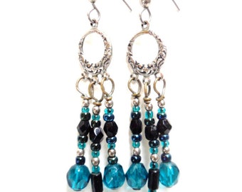 Vintage Blue Glass Dangling Earrings for Pierced ears