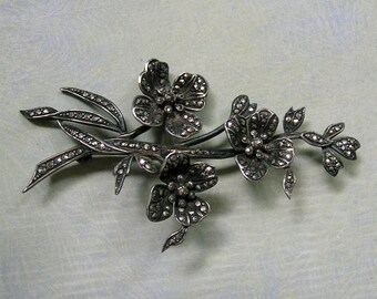 Vintage West Germany Sterling Marcasite Brooch Pin, Sterling Marcasite Flower Spray, West Germany Pin, Old Sterling Marcasite Brooch (#3195)