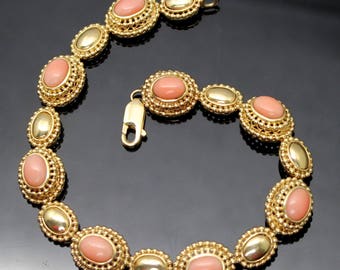 GIFT IDEA !! Fabulous ESTATE Genuine Angel Skin Coral Double Beaded Rope Edge Solid 14K Yellow Gold Bracelet Size 8"
