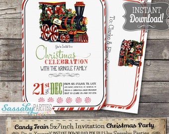 Candy Train Christmas Invitation - INSTANT DOWNLOAD - partially Editable & Printable Party Invite Decorations by Sassaby Parties