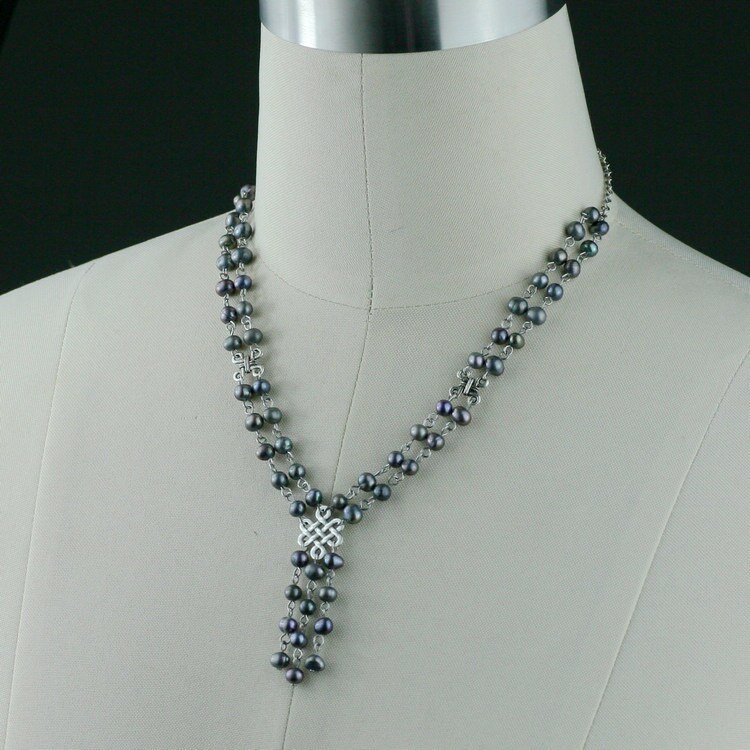 Black pearl Irish knot lariat necklace Bridesmaids gifts Free