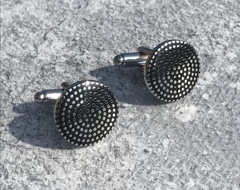 Silver and Black Circle Cufflinks, Mens gifts, Silver cufflinks, Round cufflinks, silver wedding cufflinks, Dot matrix cufflinks