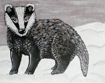 Winter Badger. Original acrylic painting on canvas board.
