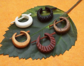 Tibetan Tribal Antique Handmade Wood Craft Wooden & Bone Stick Earring Pair