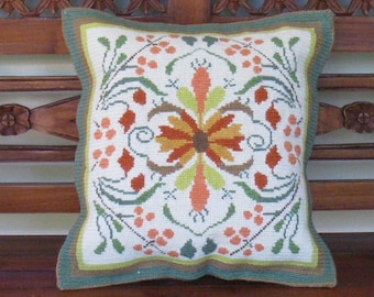 Vintage needlepoint cushion "Autumn Flowers". Traditional Greek handicraft which today embodies rustic-luxe.
