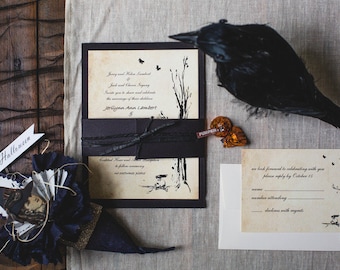 Raven Halloween Theme Wedding Invites