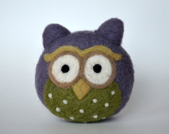 NEEDLE FELTED OWL/ Small gray and green owl / Made in Maine by Caryn Burwood of Purple Moose Felting