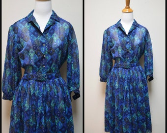 Vintage 50s/60s SERBIN SHIRTWAISTER Multi Royal Blue Sheer Day Dress Size XS