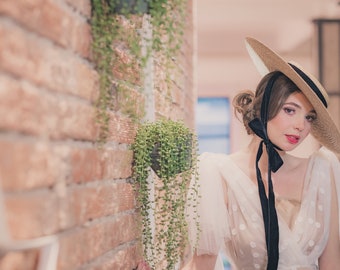 Wide brim straw hat - Wide brim canotier - Straw hat - Black velvet hat - Sun wide brim hat - Vintage style hat