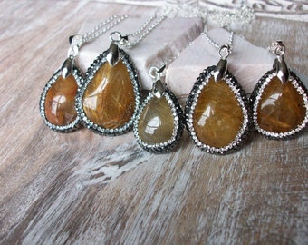 Gold Rutilated Quartz Necklace on Gold Chain Gold Rutilated and Rhinestones Quartz Necklace Cool Quartz Jewelry Unique Quartz Pendant N0703