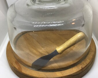 Mid Century Modern Glass Dome Cheese Keeper and Knife