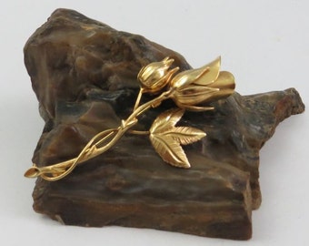 Vintage Gold Tone Long Stemmed Rose and Rose Bud Brooch