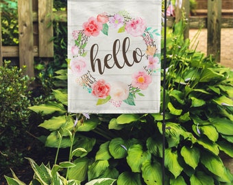 Hello Floral Wreath Garden Flag 12"x18"