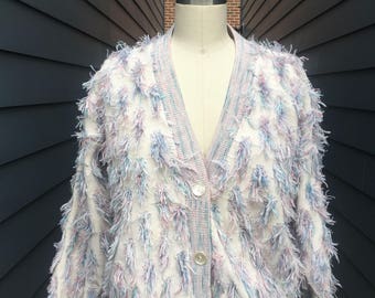 Vintage Fringe Cardigan // Shaggy Cardigan // Vintage cardigan sweater // pastel cardigan sweater