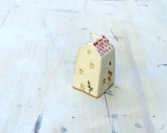 Tiny ceramic house with bird/white and pink house/home decor