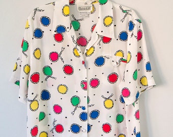 Vintage White Silky Christie & Jill Polka Dot Top Size XL