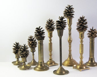 9 Vintage Brass Candle Holders - Graduated Size Candlestick Dining Table Decor - Brass Wedding Decor - Industrial Decor - Instant Collection