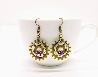 Steampunk Earrings Cog Gear Jewellery Purple Bronze Accessories