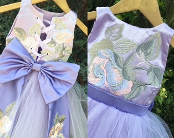 ELLEN Lilac Tulle Lace Tulle Flower Girl Dress Wedding Bridesmaid Dress with Flowers