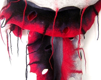 Felted Scarf, Ruffled Wavy, Holes Fringes Scarf, Red Black Gray, Merino Wool Felt Scarf