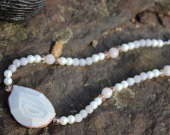 Blue Lace Agate Pearl Necklace