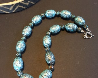 Silver and blue patina and verdigris statement necklace