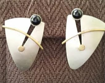 Modernist Sterling Earrings with Onyx and Gold Accents
