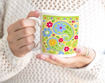 Sunny Day Spring Pattern Ceramic Coffee Mug, Floral Paisley Mug, Paisley Pattern Mug, Mother's Day Gift