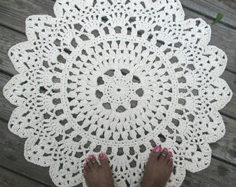 Ready to Ship, White Cotton Crochet Doily Rug 30" Non Skid