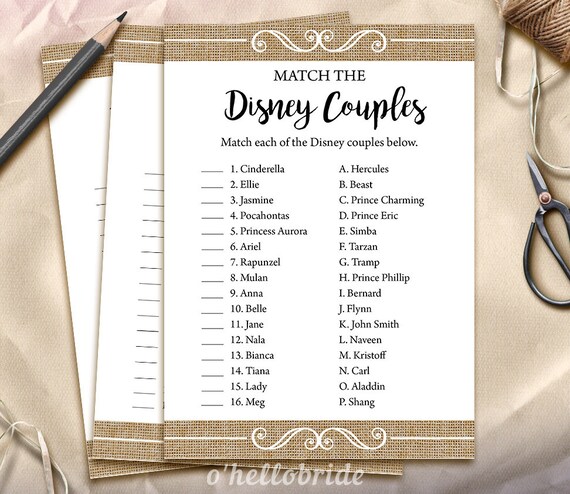 Disney Couples Match Game Printable Rustic Burlap Bridal