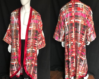 Shimmery Satin Kimono with Red Satin Trim, Loungewear, Robe, Festival Clothing, Menswear, Costume