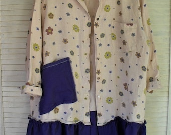 Linen Jacket/ Repurposed Plus Size/ Linen-Cotton Tunic/ 2-3X Jeans Top/ Funky Funwear/ Restyled Thrift/ Sheerfab Handmade